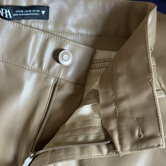 Zara Camel High-Waisted Faux Leather Flare Pants Chic Retro Wide Leg Trousers-XS - Picture 13 of 14